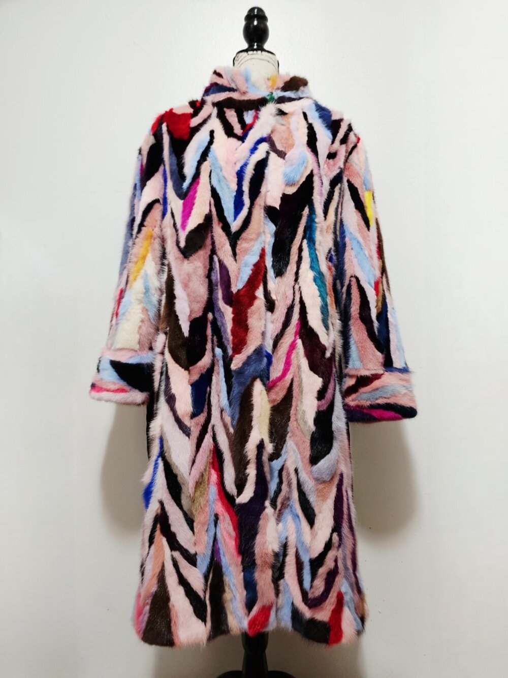 NewReal Mink Fur OverCoat Striped Mosaic Pieced Belted Red Pink Blue White NoFox - Picture 3 of 6